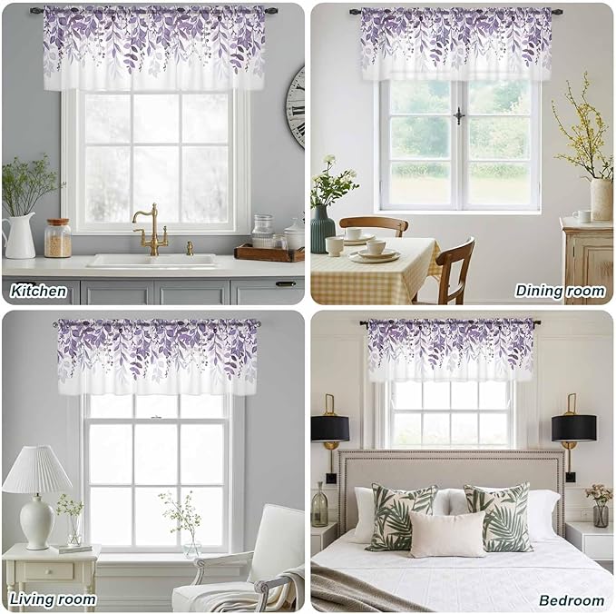 Eucalyptus Leaves Sheer Valance Curtains, Purple Leaves Idyllic Winds Farmhouses Light Filtering Kitchen Valances Rod Pocket Voile Curtain Window Treatment for Bedroom/Living Room/Basement 42Wx18L