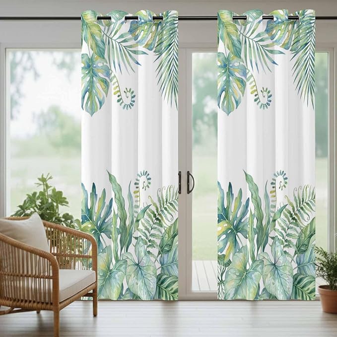 Leaves Outdoor Curtains for Patio Green Leaf Tropical Plants Farmhouse Pastoral Waterproof Outside Curtains with Grommet Top Weatherproof Curtain for Cabana Pergola Gazebo, 2 Pack, 54" W x 95" L