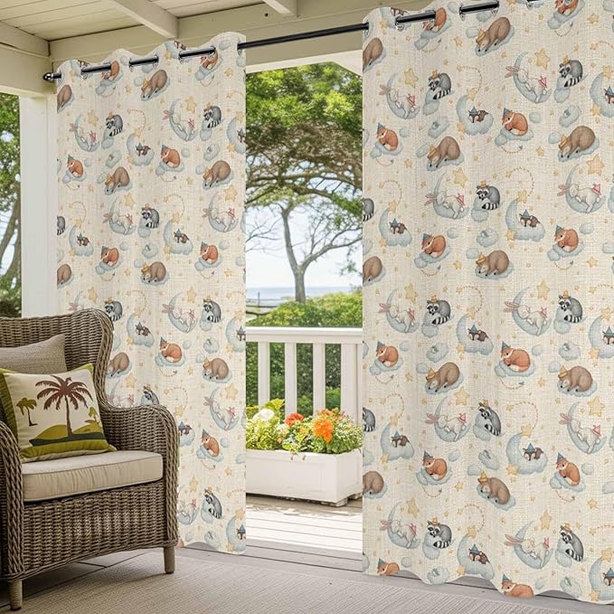 Cartoon Animals Outdoor Curtains for Patio Raccoons Rabbits Moon Linen Texture Waterproof Outside Curtains with Grommet Top Weatherproof Curtain for Cabana Pergola Gazebo, 2 Pack, 54" W x 84" L