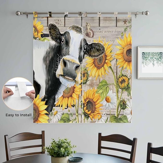 Yellow Sunflowers Living Room Curtains 84 Inch Length, Window Curtains Tab Top, Farmhouse Cow Barn Doors Floral Butterfly Light Filtering Window Treatments Drapes 42"x84" 2 Panel