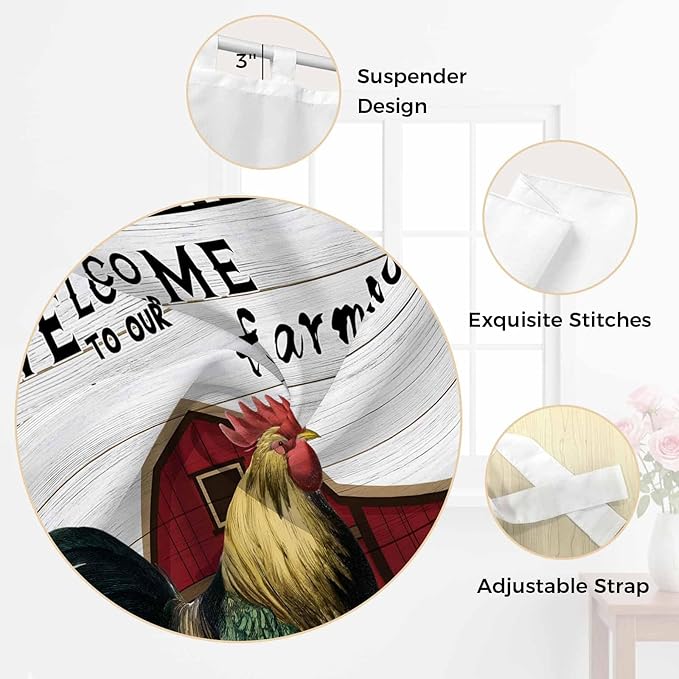 Farmhouse Rooster Bathroom Curtains 63 Inch Length, Window Curtains Tab Top, Rustic Red Barn Windmill Sunflowers Light Filtering Window Treatments Drapes 52"x63" 2 Panel