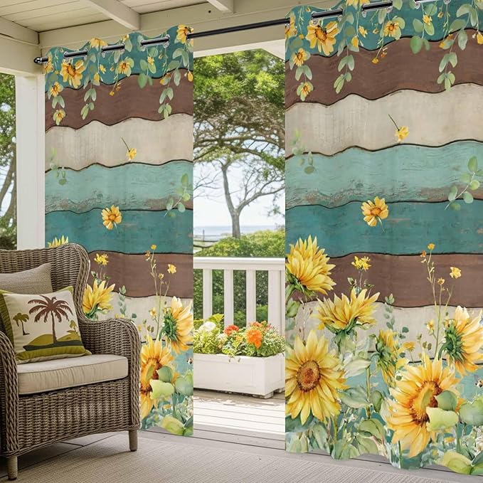 Sunflowers Outdoor Curtains for Patio Summer Floral Eucalyptus Leaves Vintage Wood Waterproof Outside Curtains with Grommet Top Weatherproof Curtain for Cabana Pergola Gazebo, 2 Pack, 54" W x 84" L