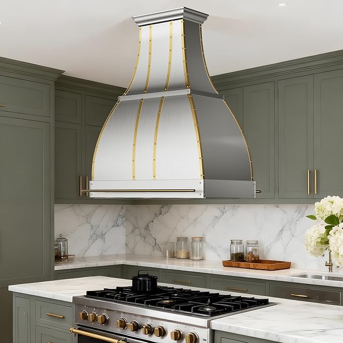 CHETTO C Stainless Steel Range Hood Cover with Quiet Vent Hood Insert Custom Handcrafted Metal Kitchen Fan with Towel Rack LED Light 42"W x27"D x42"H Brushed Stainless Steel Island Mount