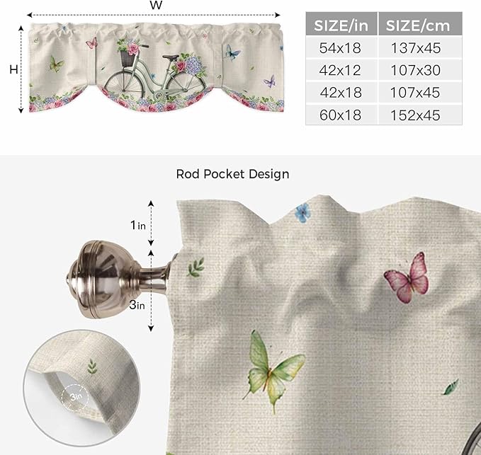 Farmhouse Spring Tie Up Valance Curtains for Windows, Kitchen Curtains Window Shades, Retro Bicycles Flowers Vines Butterfly Light Filtering Roman Curtain Valances for Bedroom/Bathroom/Cafe 42"x18"