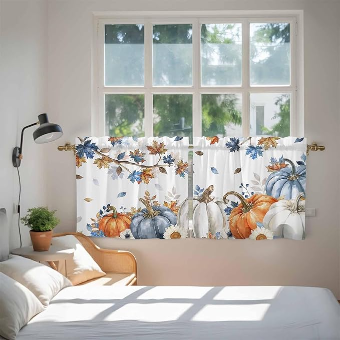 Navy Blue Pumpkin Fall Kitchen Tier Curtains 36 Inch Long 2 Panel Set,Rod Pocket Half Window Curtains Over Sink,Thanksgiving Maple Leaves Branches Short Drapes for Bathroom Cafe 27.5"W x 36"L