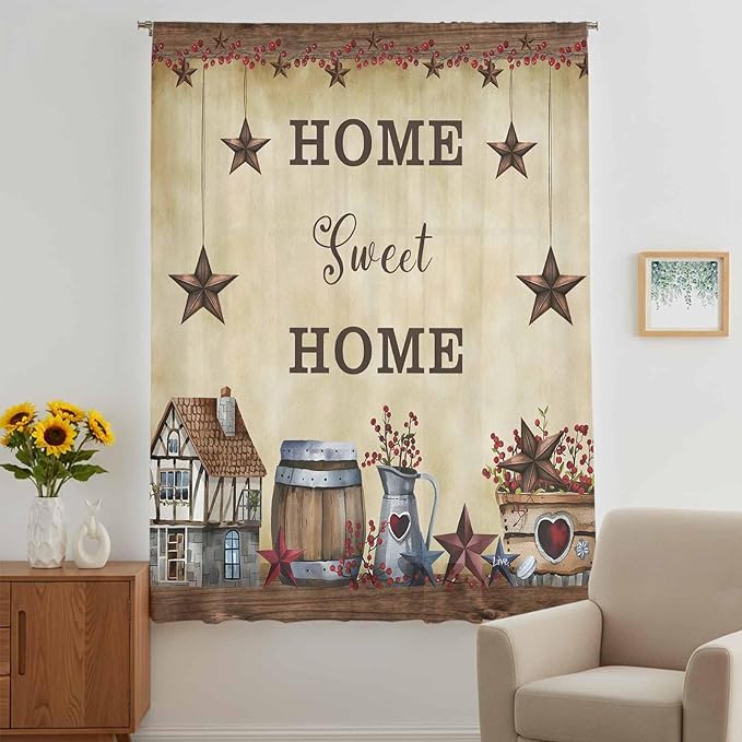 Farm Sheer Curtains 54 Inch Length American Country Barn Star Vintage Berry Brown Chiffon Curtain for Bedroom Living Room Light Filtering Rod Pocket Window Treatments Voile Curtains Drapes for Kitchen