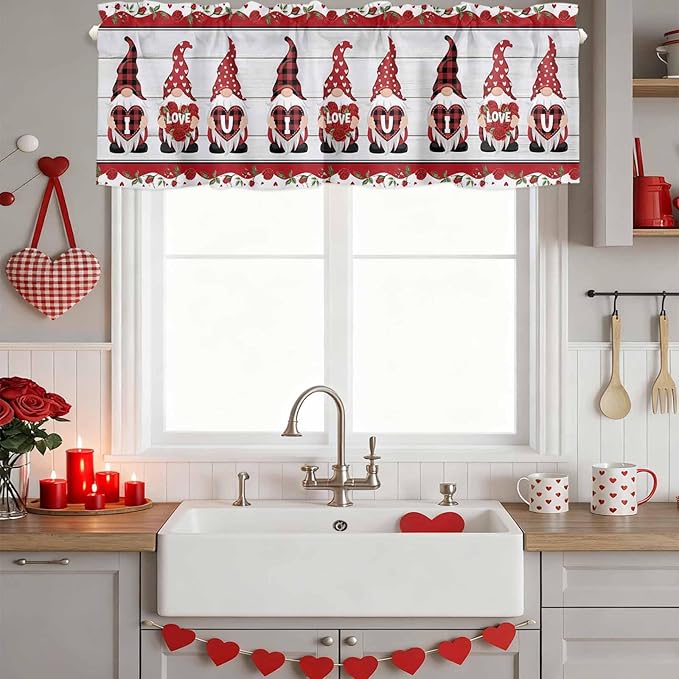 I Love U Valance Curtains for Kitchen, Valentine's Day Dwarf Romantic Wood Grain Privacy Rod Pocket Valance Curtain, Light-Filtering Window Treatment for Bedroom Bathroom, 54"x18"