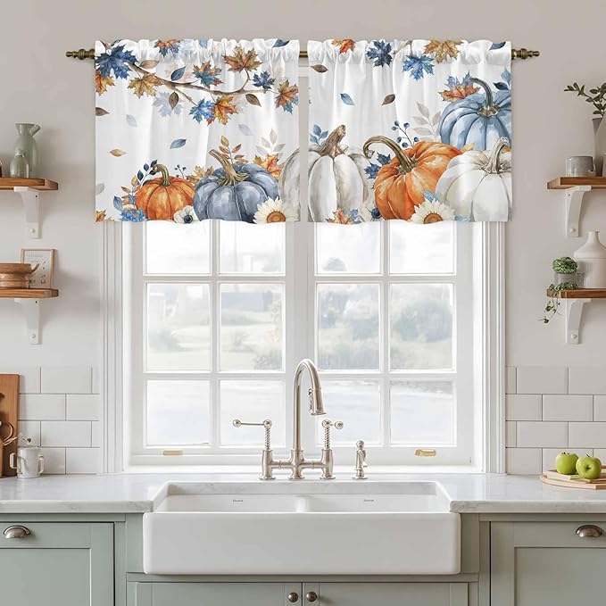 Navy Blue Pumpkin Fall Kitchen Tier Curtains 36 Inch Long 2 Panel Set,Rod Pocket Half Window Curtains Over Sink,Thanksgiving Maple Leaves Branches Short Drapes for Bathroom Cafe 27.5"W x 36"L