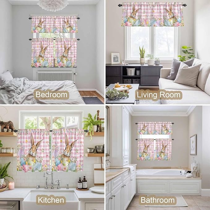 Kitchen Curtains Tiers and Valance Set of 3, Easter Light Filtering Window Curtain Set, Spring Rabbit Eggs Nature Botanicals Pink Plaid Rod Pocket Curtain Drapes for Cafe, Living Room, 36 Inches Tiers