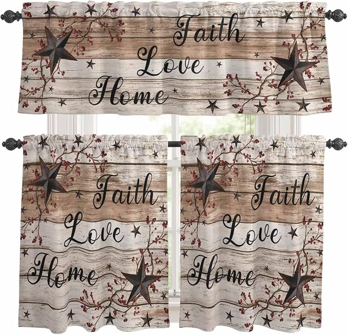 Kitchen Curtains Tiers and Valance Set of 3, Rustic Star Brown Light Filtering Window Curtain Set, Vintage Plants Berry Wooden Grain Rod Pocket Curtain Drapes for Cafe, Living Room, 24 Inches Tiers