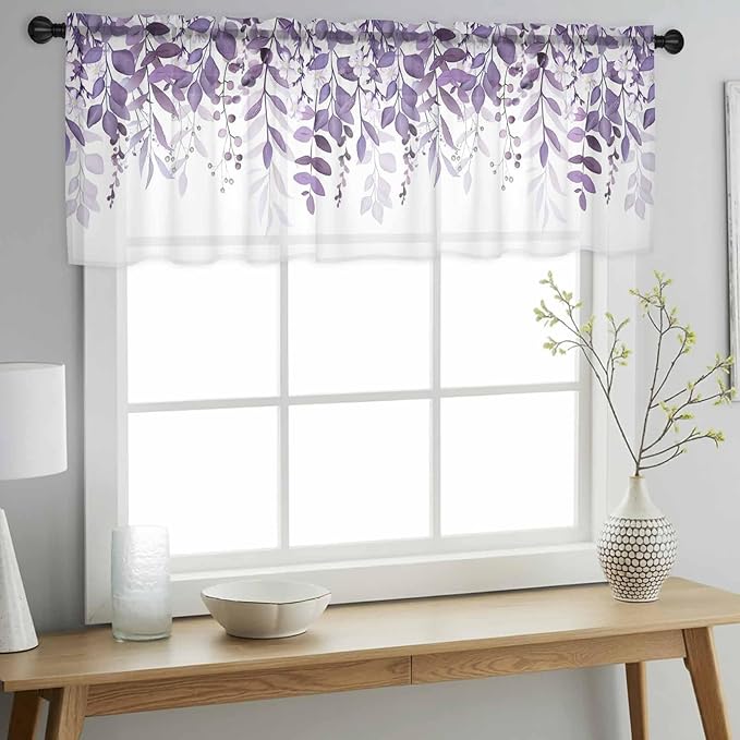 Eucalyptus Leaves Sheer Valance Curtains, Purple Leaves Idyllic Winds Farmhouses Light Filtering Kitchen Valances Rod Pocket Voile Curtain Window Treatment for Bedroom/Living Room/Basement 42Wx12L
