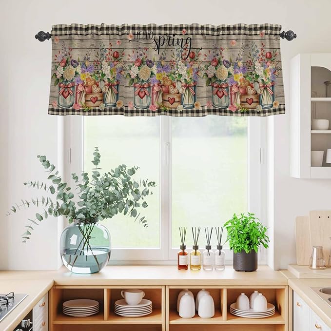 Kitchen Curtains Tiers and Valance Set of 3, Spring Flowers Light Filtering Window Curtain Set, Farmhouse Vintage Black Plaid Wood Grain Rod Pocket Curtain Drapes for Living Room, 36 Inches Tiers