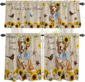 Kitchen Curtains Tiers and Valance Set of 3, Sunflowers Dog Light Filtering Window Curtain Set, Spring Watercolor Floral Stars on Linen Rod Pocket Curtain Drapes for Cafe, Living Room, 36 Inches Tiers