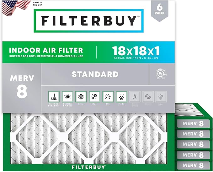 Filterbuy 18x18x1 Air Filter MERV 8 Essential Dust & Allergy Defense (6-Pack), Electrostatic Pleated HVAC AC Furnace Filters Replacement, Made in USA (Actual Size: 17.75 x 17.75 x 0.75)