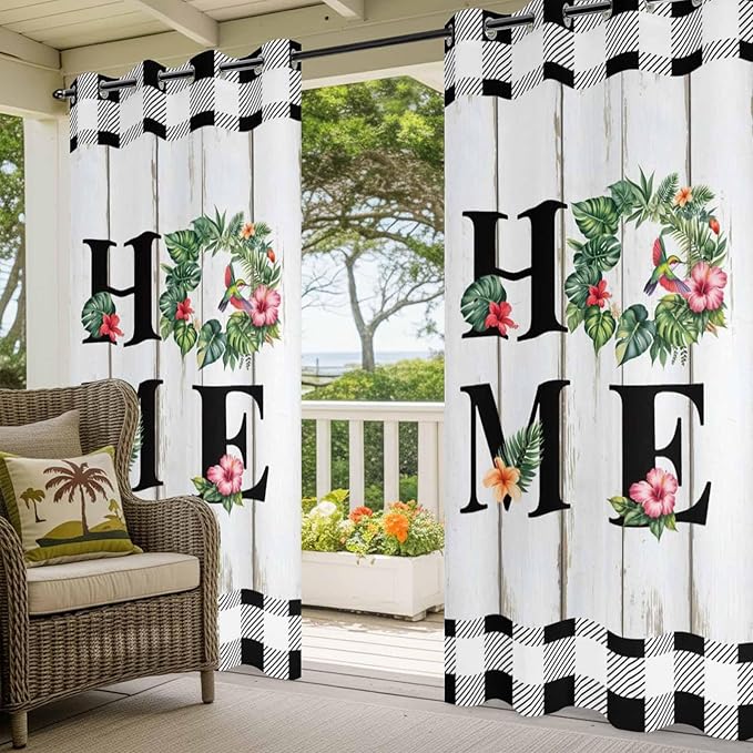 Summer Outdoor Curtains for Patio Leaves Garland Plumeria Wood Buffalo Plaid Waterproof Outside Curtains with Grommet Top Weatherproof Curtain for Cabana Pergola Gazebo, 1 Panel, 54" W x 84" L