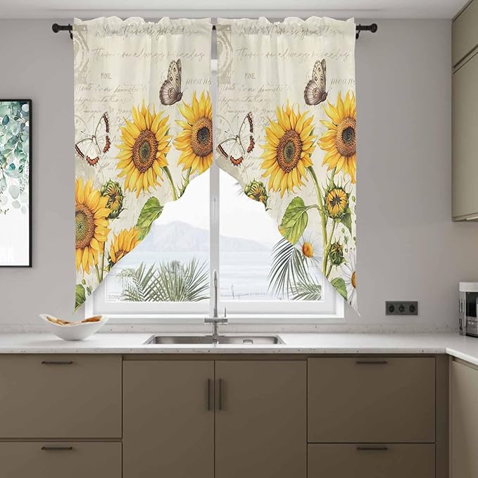 Farm Sunflowers Swag Valances for Windows, Retro Flowers Butterfly Botanical Beige Rod Pocket Kitchen Curtains Valance, Kitchen Window Curtains Swag for Cafe Bathroom Living Room, 2 Panels, 36x45 inch