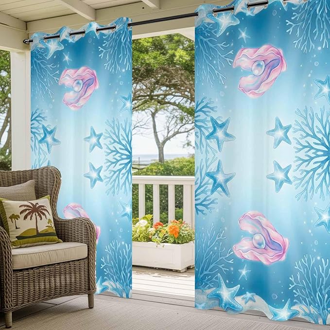 Ocean Shell Outdoor Curtains for Patio Corals Starfish Summer Marine Waterproof Outside Curtains with Grommet Top Weatherproof Curtain for Cabana Pergola Gazebo, 2 Pack, 54" W x 108" L
