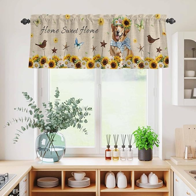 Kitchen Curtains Tiers and Valance Set of 3, Sunflowers Dog Light Filtering Window Curtain Set, Spring Watercolor Floral Stars on Linen Rod Pocket Curtain Drapes for Cafe, Living Room, 36 Inches Tiers
