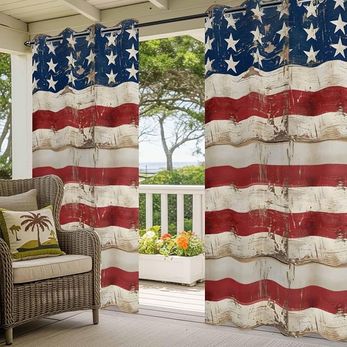 4th of July Outdoor Curtains for Patio USA Flag Independence Day Vintage Waterproof Outside Curtains with Grommet Top Weatherproof Curtain for Cabana Pergola Gazebo, 2 Pack, 54" W x 95" L