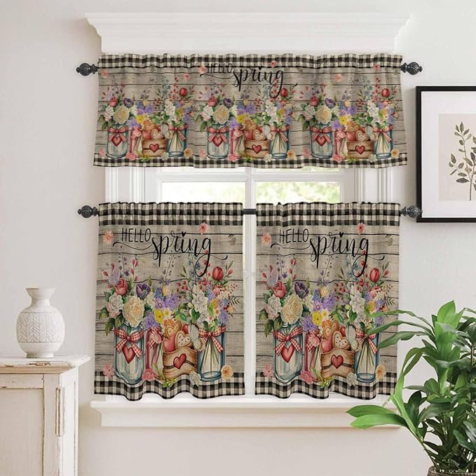 Kitchen Curtains Tiers and Valance Set of 3, Spring Flowers Light Filtering Window Curtain Set, Farmhouse Vintage Black Plaid Wood Grain Rod Pocket Curtain Drapes for Living Room, 24 Inches Tiers
