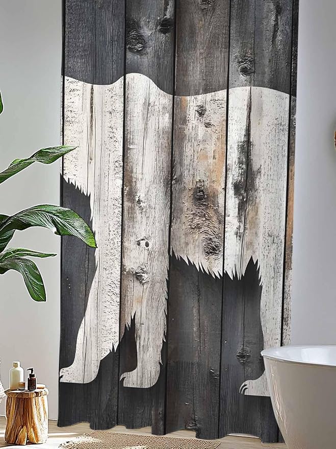 Sheer Curtains 84 Inches Long, White Brown Bear Semi Sheer Curtains Light Filtering Window Treatment, Farmhouse Country Vintage Wood Grain Privacy Voile Drapes for Living Room Bedroom 52x84 Inch