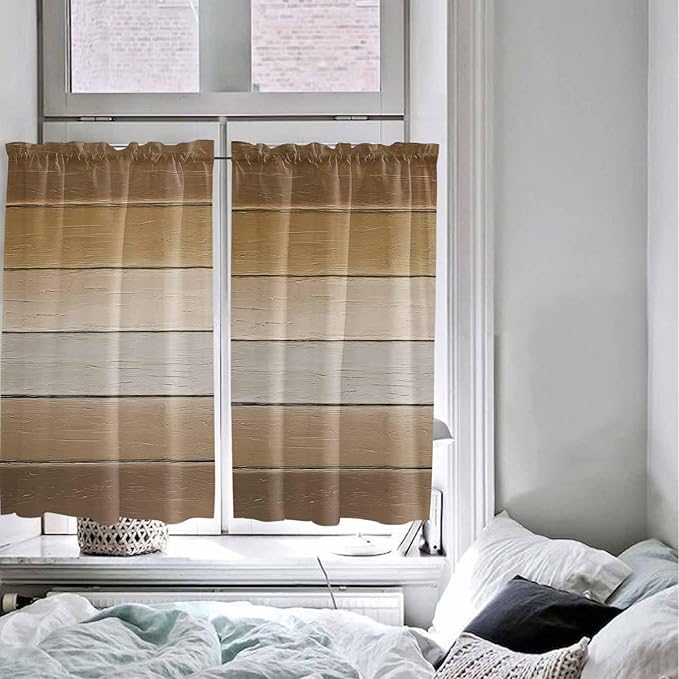 Vintage Brown Gradient Wood Grain Window Valance Curtains, Farmhouse Wood Barn Light Filtering Kitchen Valance with 3-inch Rod Pocket for Living Room Bathroom Bedroom,2 Panel,52x54In