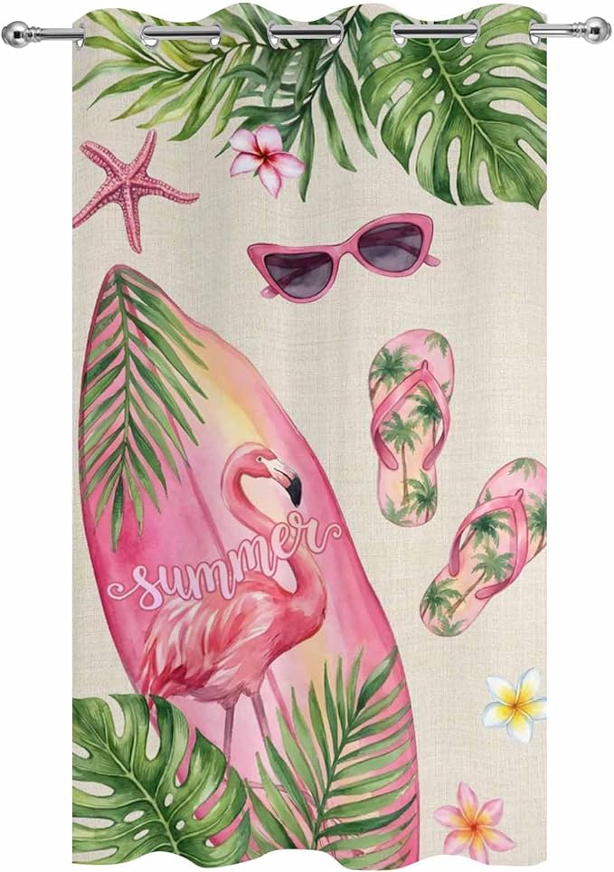 Summer Flamingbirds Outdoor Curtains for Patio Palm Leaves Plumeria Linen Waterproof Outside Curtains with Grommet Top Weatherproof Curtain for Cabana Pergola Gazebo, 1 Panel, 54" W x 108" L
