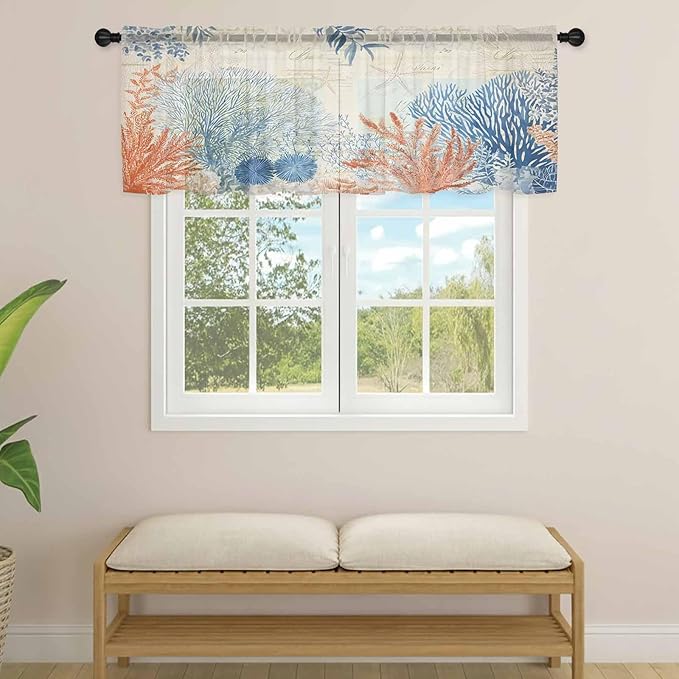 Ocean Corals Sheer Valance Curtains, Summer Beach Coral Sea Stars Retro Texture Light Filtering Kitchen Valances Rod Pocket Voile Curtain Window Treatment for Bedroom/Living Room/Basement 54Wx18L