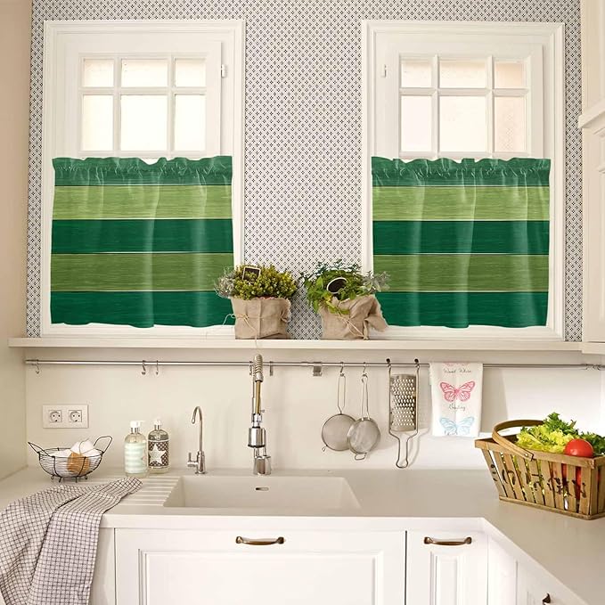 Farm Retro Green Wood Grain Window Valance Curtains, Rustic Wooden Plank Texture Light Filtering Kitchen Valance with 3-inch Rod Pocket for Living Room Bathroom Bedroom,2 Panel,27.5x36In
