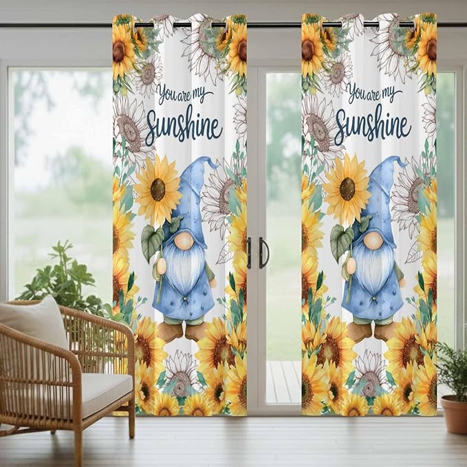 Summer Outdoor Curtains for Patio Sunflowers Gnome Eucalyptus Leaves Waterproof Outside Curtains with Grommet Top Weatherproof Curtain for Cabana Pergola Gazebo, 1 Panel, 54" W x 95" L