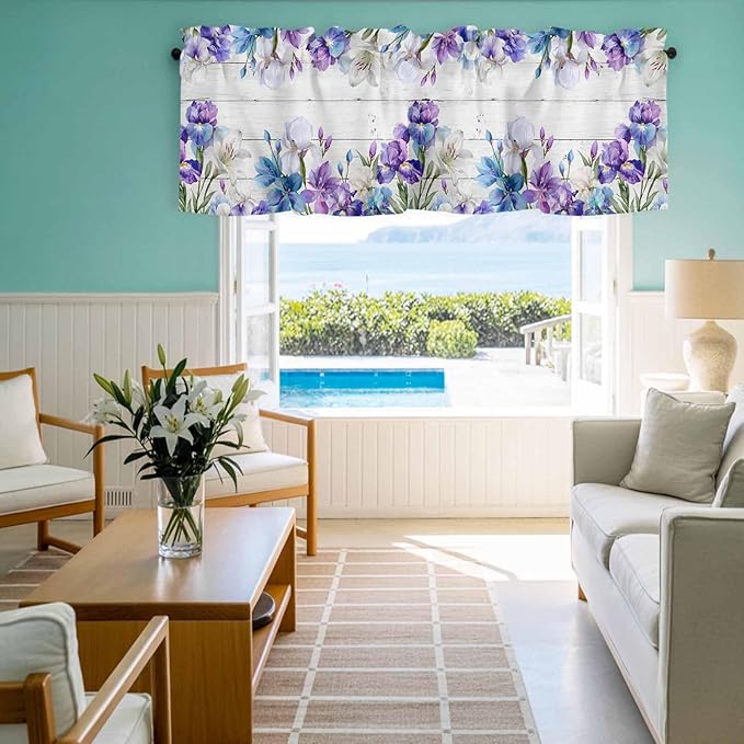 Spring Flowers Curtain Valances for Windows, Kitchen Valance Window Treatment, Watercolor Garden Florals Wooden Grain Light Filtering Block Curtains for Bathroom/Bedroom/Living Room 42'' x 18''