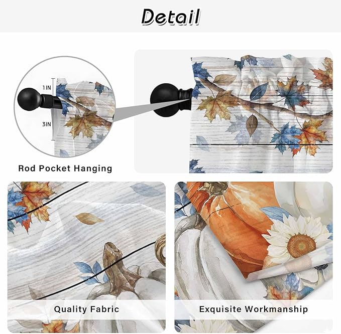 Thanksgiving Pumpkin Kitchen Tier Curtains 36 Inch Long 2 Panel Set,Rod Pocket Half Window Curtains Over Sink,Fall Maple Leaf Daisy Wooden Grain Short Drapes for Bathroom Cafe 27.5"W x 36"L