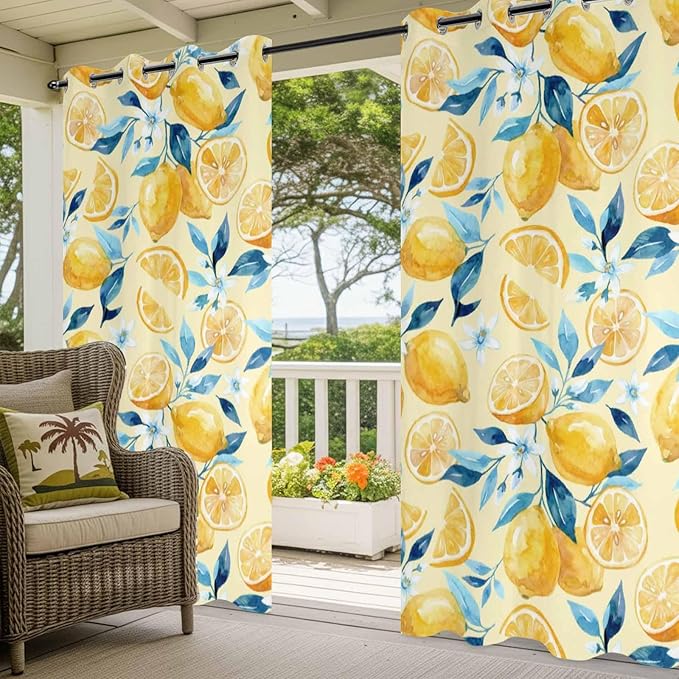 Lemon Outdoor Curtains for Patio Lemon Leaves Summer Plants Begin Waterproof Outside Curtains with Grommet Top Weatherproof Curtain for Cabana Pergola Gazebo, 2 Pack, 54" W x 108" L