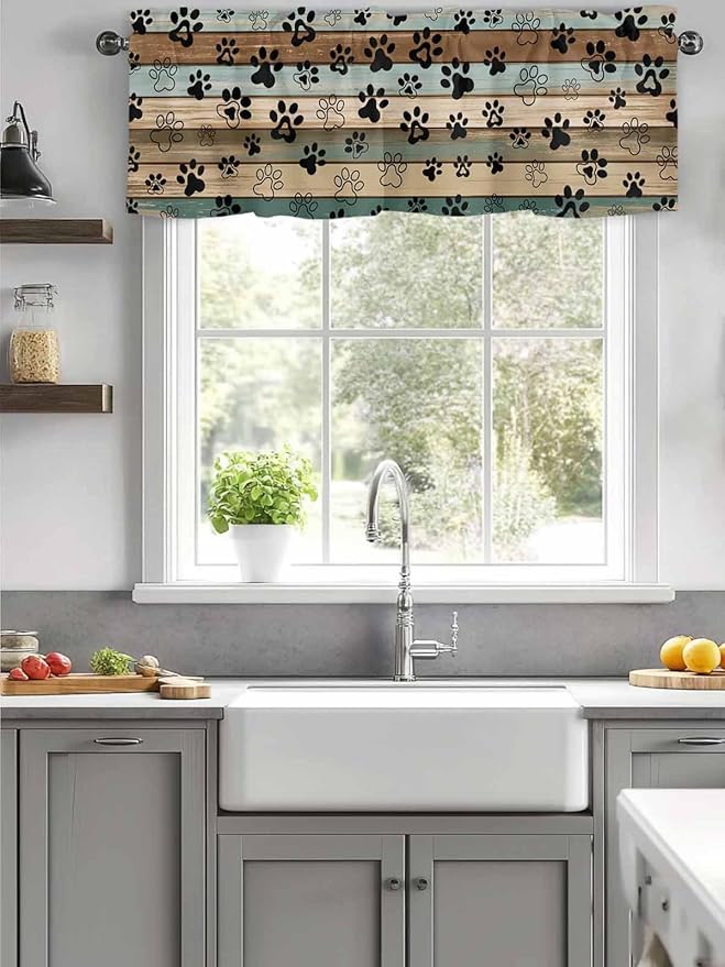 Dog Paws Valance Curtains for Kitchen, Teal Brown Wood Grain Privacy Rod Pocket Valance Curtain, Light-Filtering Window Treatment for Bedroom Bathroom, 42"x12"