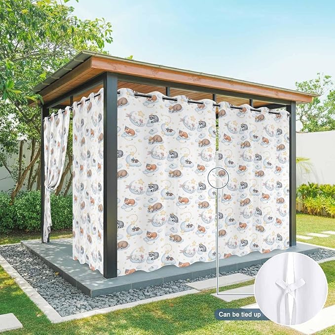 Cartoon Animals Outdoor Curtains for Patio Raccoons Rabbits Moon Waterproof Outside Curtains with Grommet Top Weatherproof Curtain for Cabana Pergola Gazebo, 1 Panel, 54" W x 108" L