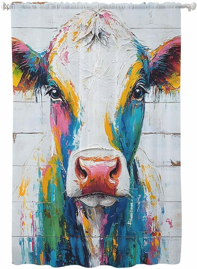 Sheer Curtains 72 Inches Long, Farmhouse Oil Painting Semi Sheer Curtains Light Filtering Window Treatment, Colorful Cow Animal Wooden Grain Privacy Voile Drapes for Living Room Bedroom 52x72 Inch