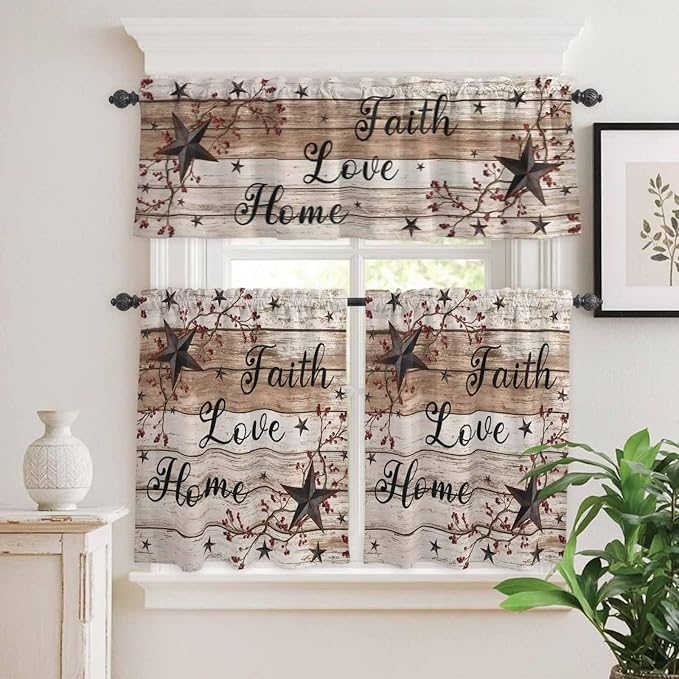 Kitchen Curtains Tiers and Valance Set of 3, Rustic Star Brown Light Filtering Window Curtain Set, Vintage Plants Berry Wooden Grain Rod Pocket Curtain Drapes for Cafe, Living Room, 24 Inches Tiers