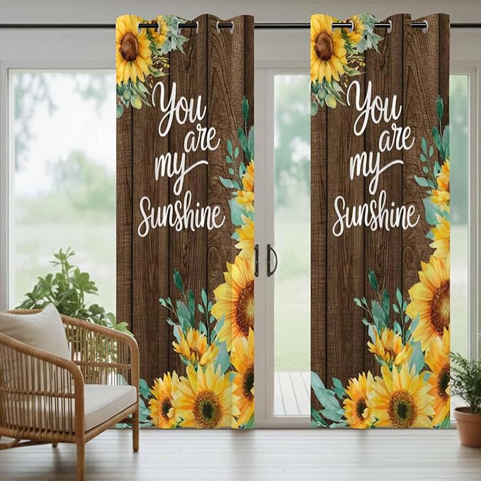 Summer Outdoor Curtains for Patio Sunflowers Eucalyptus Leaves Wood Waterproof Outside Curtains with Grommet Top Weatherproof Curtain for Cabana Pergola Gazebo, 2 Pack, 54" W x 84" L
