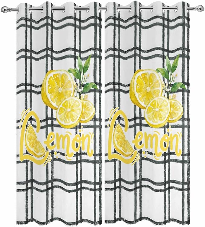 Lemon Outdoor Curtains for Patio Lemon Leaves Summer Plaid Buffalo Waterproof Outside Curtains with Grommet Top Weatherproof Curtain for Cabana Pergola Gazebo, 2 Pack, 54" W x 108" L