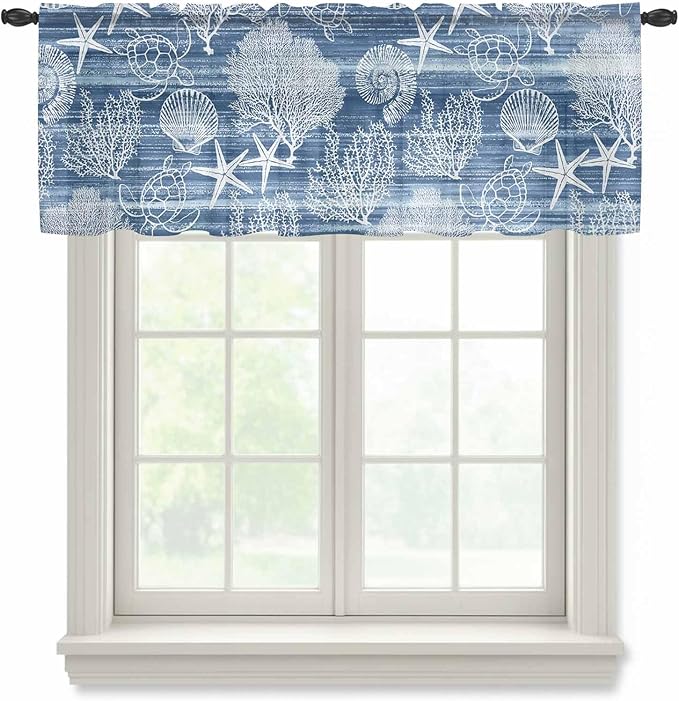 Navy Blue Retro Summer Sheer Valance Curtains, Sea Turtle Starfish Coral Ocean Light Filtering Kitchen Valances Rod Pocket Voile Curtain Window Treatment for Bedroom/Living Room/Basement 42Wx18L
