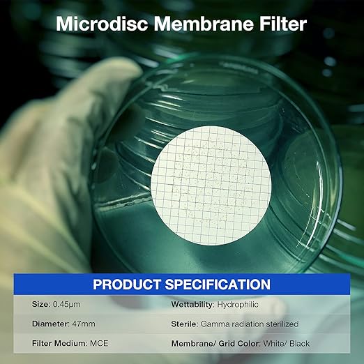 SimPure MCE Gridded Membrane Filter Sterile, 47mm Diameter and 0.45um Pore Size, Individual Pack Membrane Disc Filter, Hydrophilic Filter Paper, Pack of 2000