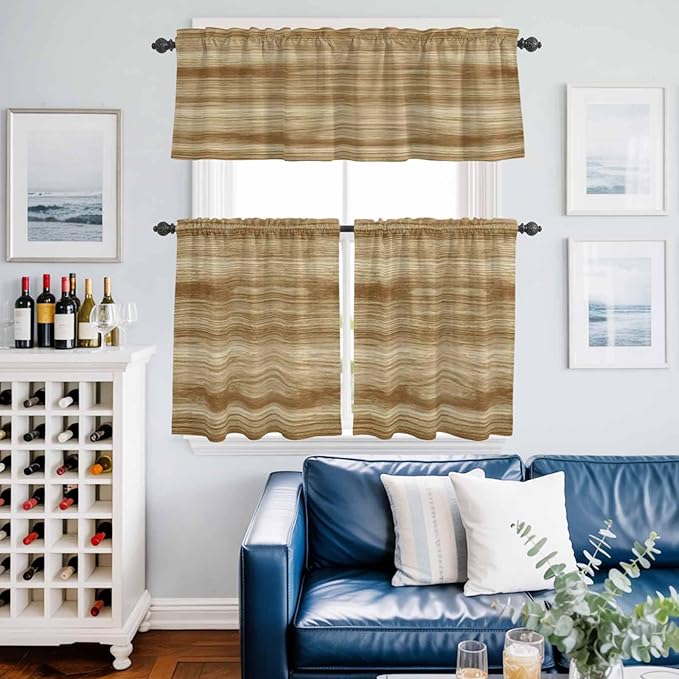 Kitchen Curtains Tiers and Valance Set of 3, Light Brown Wood Grain Light Filtering Window Curtain Set, Western Farmhouse Barn Door Rod Pocket Curtain Drapes for Cafe, Living Room, 36 Inches Tiers