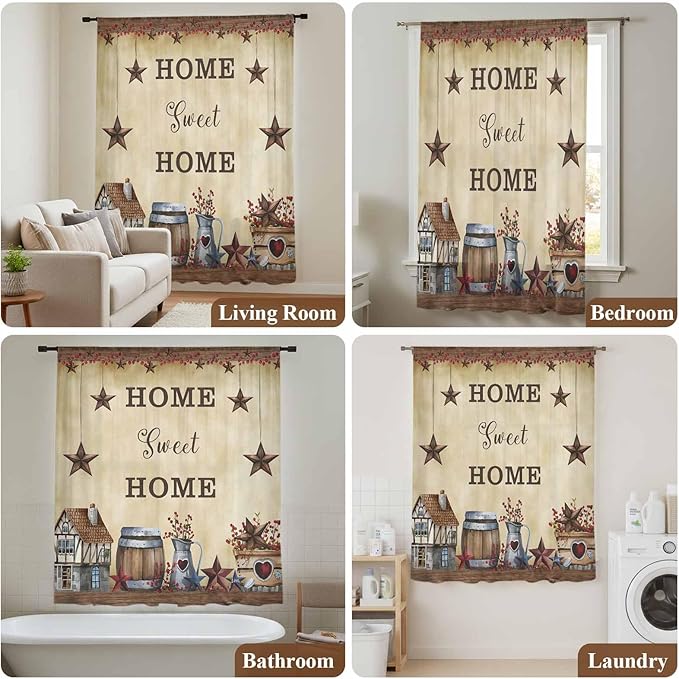 Farm Sheer Curtains 54 Inch Length American Country Barn Star Vintage Berry Brown Chiffon Curtain for Bedroom Living Room Light Filtering Rod Pocket Window Treatments Voile Curtains Drapes for Kitchen