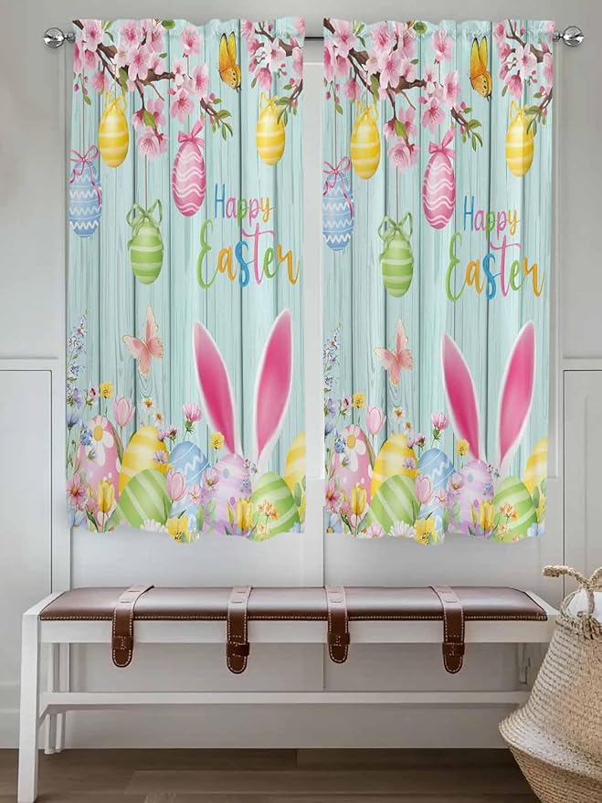 Happy Easter Bedroom Curtains 63 Inches length, Spring Bunny Eggs Flower Teal Wood Grain Window Treatment Curtain Drapes, Rod Pocket Curtain Panels for Living Room Kitchen, 42"x63", 2 Panels