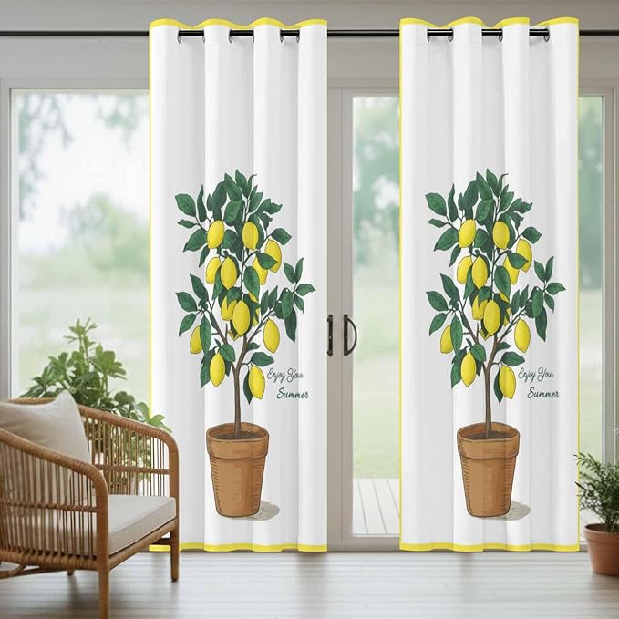 Lemons Outdoor Curtains for Patio Summer Fruit Lemon Tree Waterproof Outside Curtains with Grommet Top Weatherproof Curtain for Cabana Pergola Gazebo, 2 Pack, 54" W x 95" L