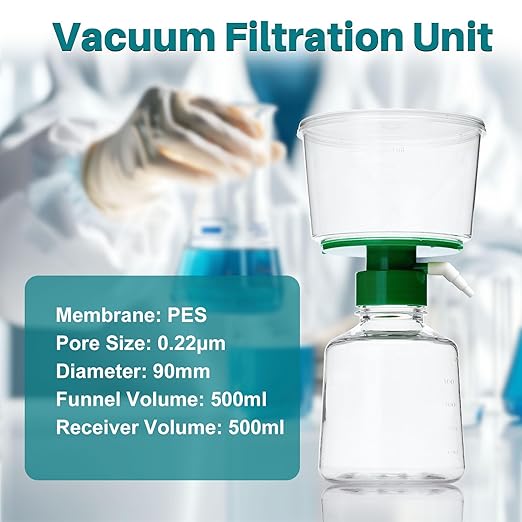 500ml Vacuum Filtration System, Disposable Sterile Vacuum Filter Units with PES Membrane, 0.22μm Pore Size, 90mm Diameter for Laboratory, Chemistry, Graduated, Individually Wrapped, Pack of 12