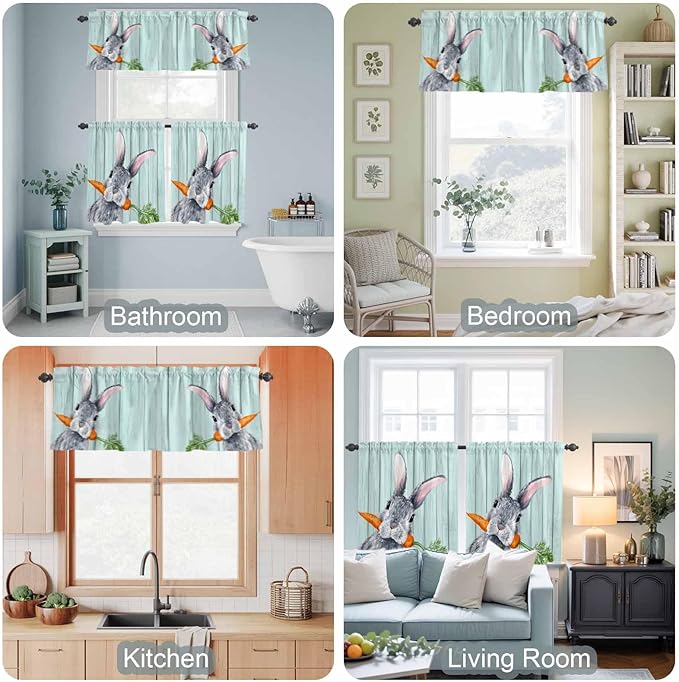 Easter Kitchen Curtain Set, Spring Rabbit Botanical Carrots Green Wooden Grain Window Valance and Tiers 36" Length, Light Filtering Short Curtains Valance for Cafe Bathroom Bedroom 54"x18"