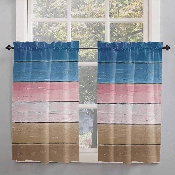Blue Pink Brown Gradient Wood Grain Window Valance Curtains, Vintage Wood Board Light Filtering Kitchen Valance with 3-inch Rod Pocket for Living Room Bathroom Bedroom,2 Panel,42x54In