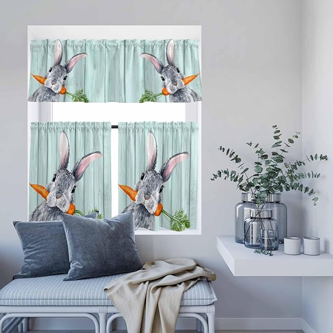 Easter Kitchen Curtain Set, Spring Rabbit Botanical Carrots Green Wooden Grain Window Valance and Tiers 24" Length, Light Filtering Short Curtains Valance for Cafe Bathroom Bedroom 54"x18"