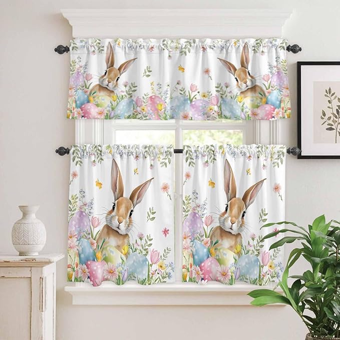 Kitchen Curtains Tiers and Valance Set of 3, Easter Light Filtering Window Curtain Set, Spring Rabbit Colorful Eggs Budding Florals Leaf Rod Pocket Curtain Drapes for Living Room, 36 Inches Tiers